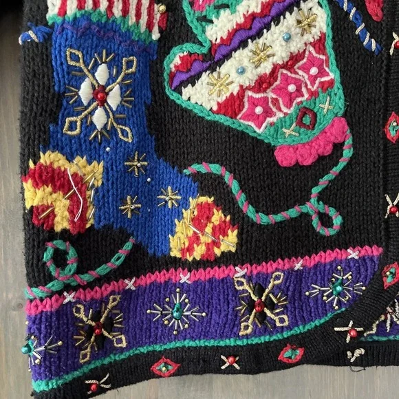 Vintage Belle Pointe Ugly Christmas Sweater Beaded Embroidered Colorful Sz Small - Picture 6 of 16